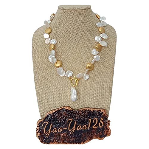 AUOQKQUT Ketten für Damen 18-Zoll-Top-gebohrte weiße Keshi-Perlen-Gold-Farbe überzogene Münzen-Korn-Halskette Keshi-Perlen-Anhänger-Halskette Mode-Accessoires von AUOQKQUT
