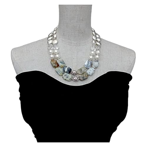 AUOQKQUT Ketten für Damen 2 Reihen natürlicher weißer Opal-Chunk-Quarz-weiße Muschel-Perlen-Halsketten-Edelstein-Schmuck Mode-Accessoires von AUOQKQUT
