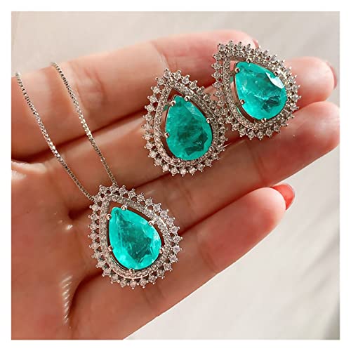 AUOQKQUT Ketten für Damen 2021 New Real 925 Sterling Silber Birnenform Paraiba Turmalin Edelstein Anhänger Halskette Ohrstecker Schmuck Sets Frauen Geschenke erfüllen Mode-Accessoires von AUOQKQUT