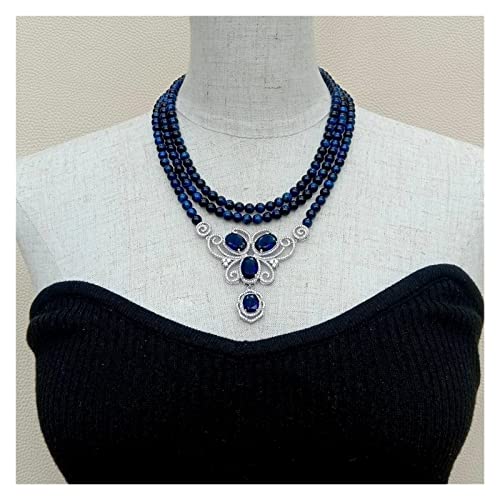 AUOQKQUT Ketten für Damen 3-reihige blaue runde Tigerauge-Halskette -Pflaster-Anhänger-Halskette 17 Zoll Mode-Accessoires von AUOQKQUT