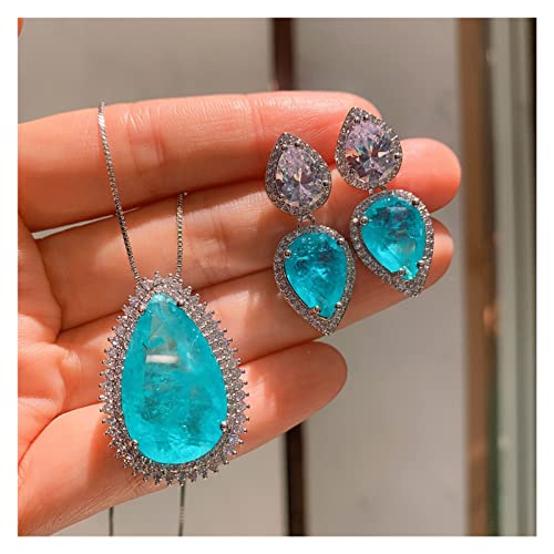 AUOQKQUT Ketten für Damen Charms 925 Sterling Silber Paraiba Turmalin Edelstein Lab Diamant Anhänger Halskette Ohrringe Hochzeit Edles Schmuckset for Frauen erfüllen Mode-Accessoires(Size:Necklace) von AUOQKQUT