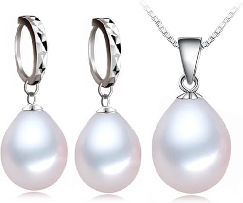 AUOQKQUT Ketten für Damen Echte weiße natürliche Süßwasserperlen-Halsketten-Ohrring-Sets Frauen, Hochzeit 925 Silber-Perlen-Set Geburtstagsgeschenk erfüllen Mode-Accessoires(Size:Black pearl set) von AUOQKQUT