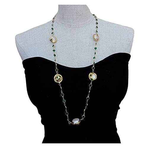 AUOQKQUT Ketten für Damen Kultivierte weiße Münzperle, grüne Kristallkette, lange Halskette, 32 Zoll Mode-Accessoires von AUOQKQUT