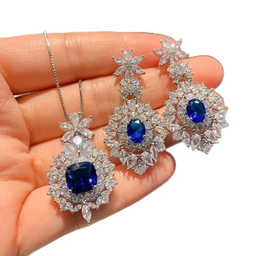 AUOQKQUT Ketten für Damen Luxus 925 Sterling Silber Tansanit Edelstein Schmuck Sets for Frauen High Carbon Diamant Hochzeit Ohrringe Anhänger Halskette erfüllen Mode-Accessoires(Size:Earrings) von AUOQKQUT