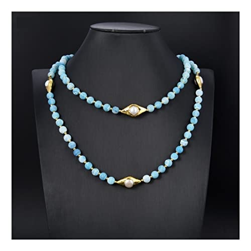 AUOQKQUT Ketten für Damen Schmuck 40 Zoll Blue Frosted Agate 24 K Pearl Connector Halskette erfüllen Mode-Accessoires von AUOQKQUT