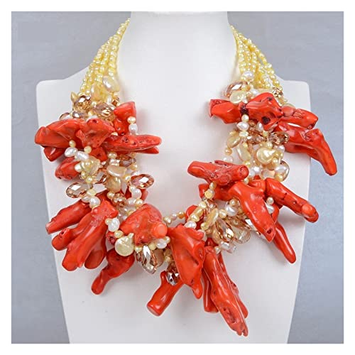 AUOQKQUT Ketten für Damen Schmuck 50,8 cm, 6 Stränge, natürliche Golen-Perlen, orange, korallenrote Kristall-Halskette for Frauen erfüllen Mode-Accessoires von AUOQKQUT