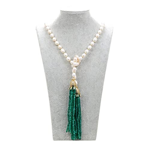 AUOQKQUT Ketten für Damen Schmuck 51 Zoll kultivierter weißer Reis Perle grüne Achate Quaste Pave Anhänger lange Halskette erfüllen Mode-Accessoires von AUOQKQUT