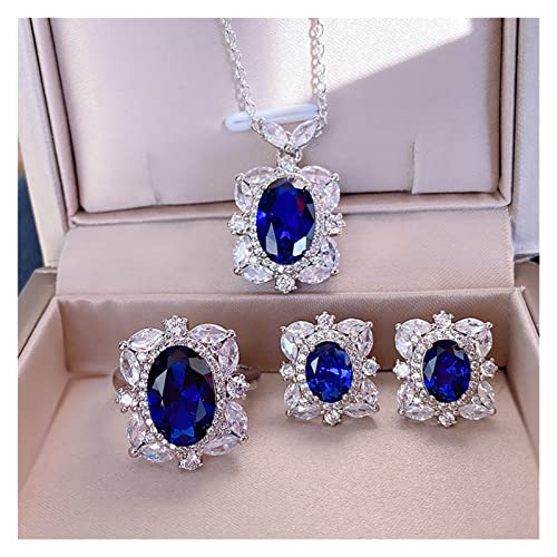 AUOQKQUT Ketten für Damen Soild 925 Sterling Silber Damen Hochzeit Schmuckset 8 * 12mm Saphir Tansanit Ringe Ohrstecker Anhänger Halskette erfüllen Mode-Accessoires(Size:Jewelry set) von AUOQKQUT