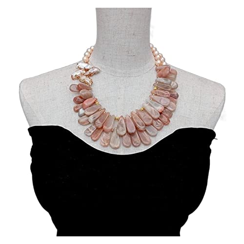 AUOQKQUT Ketten für Damen Süßwasser-Rosa-Perlen-Natur-Sonnenstein-Halskette Rosa Biwa-Perlen-Anhänger Mode-Accessoires von AUOQKQUT