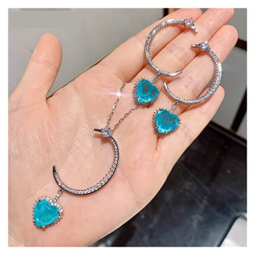 Ketten für Damen Luxus Falcate 925 Sterling Silber 12 * 12 mm herzförmiger Paraiba-Turmalin-Edelstein-Tropfen-Ohrringe Schmuck for Frauen erfüllen Mode-Accessoires(Color:Blue,Size:Sea blue Jewelry set von AUOQKQUT