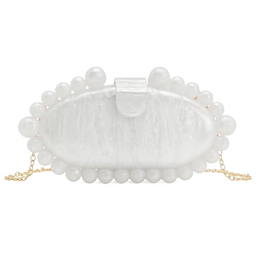 AURAMIYA DUBELIE Damen Ovale Perlen Clutch Fleischfarbe Clutch für formelle Hochzeit Abschlussball Party Strukturierte Acryl Abendtasche Kette Umhängetasche, Weiß, Small von AURAMIYA