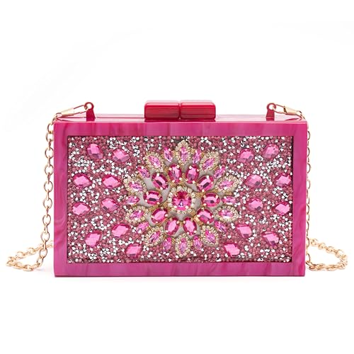 AURAMIYA Damen Handtasche Strass Clutch Acryl Marmoriert Abendtasche Strukturierte Abendtasche für Hochzeit Abschlussball Umhängetasche mit Kettengurt, Rote Rose., Small von AURAMIYA