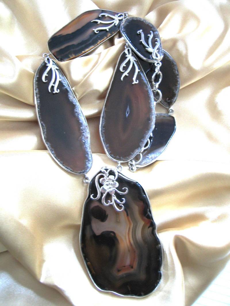 Braun Achat Halskette Chunky Silber Stahl Statement-Schmuck von AURANABAZAAR