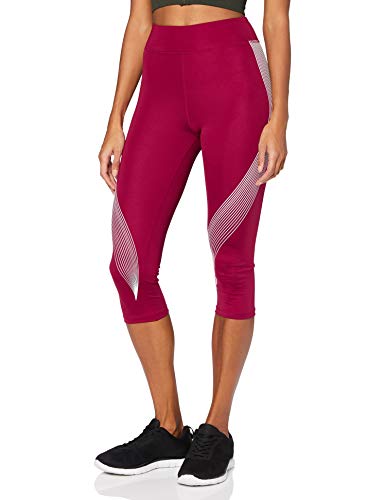 Amazon Essentials Damen Bedruckte Capri-Sport-Leggings, Helles Burgunderrot/Weiß, Streifen, 34 von Amazon Essentials