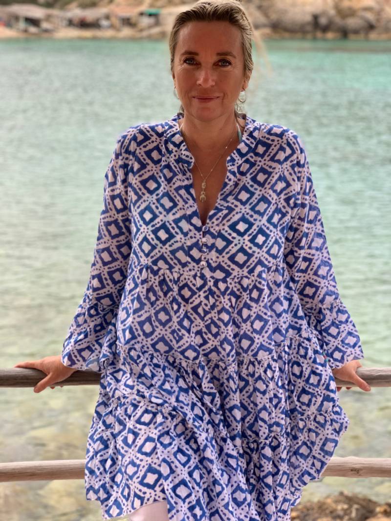 Blaues Handblock Bedrucktes Baumwollkleid Ibiza Boho Tunika von AUROBELLE