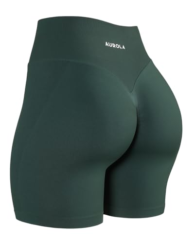 AUROLA Beeindruckende Workout-Shorts für Damen, hohe Taille, V-förmige Naht, geprägtes Logo, athletische Fitness-Shorts, Eden Green, Groß von AUROLA