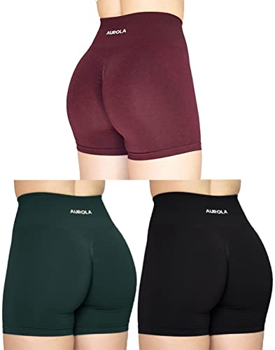 AUROLA Damen Athletic Shorts Hohe Taille Laufshorts Sportlich Kurz Gym Elastische Workout Shorts, Schwarz/Ponderosa Grün/Schwarzkirsche, Klein von AUROLA