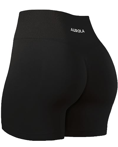 AUROLA Dream Collection Workout-Shorts für Damen, hohe Taille, nahtlos, Scrunch, athletisch, Laufen, Fitnessstudio, Yoga, aktive Shorts, Schwarz, 4,5 Schwarz, Mittel von AUROLA