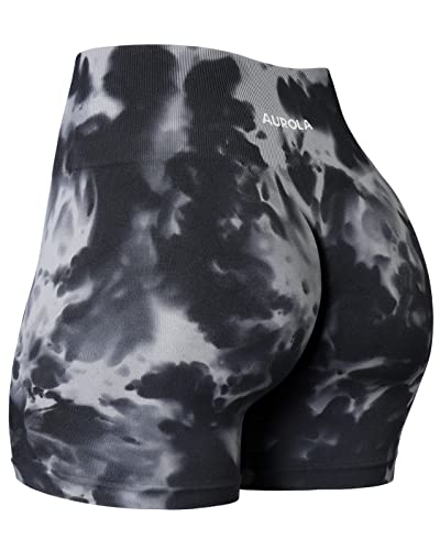 AUROLA Dream Collection Workout-Shorts für Damen, hohe Taille, nahtlos, Scrunch, athletisch, Laufen, Fitnessstudio, Yoga, aktive Shorts, Schwarz, Grau-schwarze Batikfärbung, Mittel von AUROLA