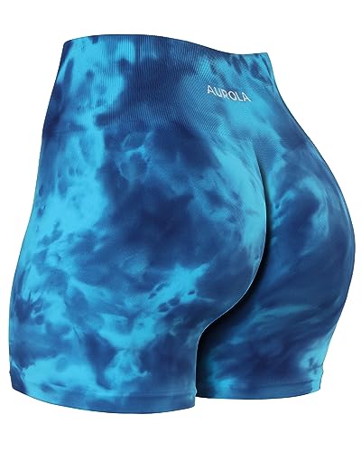 AUROLA Dream Tie Dye Workout Shorts für Frauen Nahtlose Scrunch Soft Active Shorts, Blue Fire Batikfärbung, Klein von AUROLA