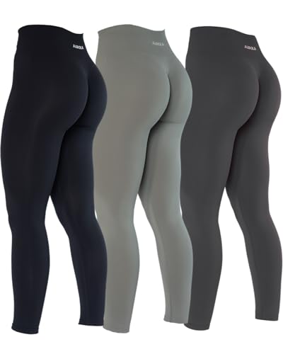 AUROLA Power-Workout-Leggings für Damen, Bauchkontrolle, hocksicher, gerippt, dick, nahtlos, Scrunch Active Pants, Pack (Schwarz/Asphalt Grau/Ultimate Gray), Groß von AUROLA