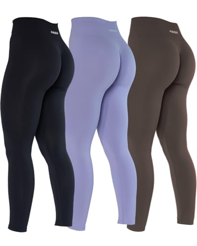 AUROLA Power-Workout-Leggings für Damen, Bauchkontrolle, hocksicher, gerippt, dick, nahtlos, Scrunch Active Pants, Pack (schwarz/Jacaranda/Kastanienbraun), S von AUROLA