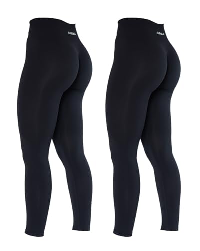 AUROLA Power-Workout-Leggings für Damen, Bauchkontrolle, hocksicher, gerippt, dick, nahtlos, Scrunch Active Pants, Set (Schwarz+Schwarz), S von AUROLA
