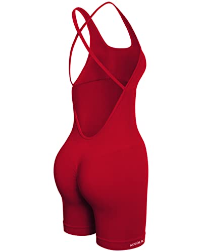 AUROLA Strapy Strampler für Damen, Workout, Yoga, Fitnessstudio, nahtlos, einteiliger Jumpsuit, Bauchkontrolle, gepolsterter Sport-BH, chili red, Large von AUROLA