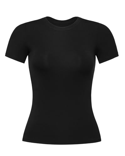 AUROLA Tailliertes T-Shirt für Damen, Rundhalsausschnitt, kurze Ärmel, bauchfreies Modal, schmale Passform, Schwarz, Klein von AUROLA