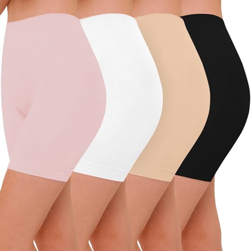 AURUZA 4PCS Radlerhose Damen, Kurze Hose Damen Anti Scheuern Unterhosen Leggings Boxershorts (Schwarz Nackt Weiß Rosa, L) von AURUZA