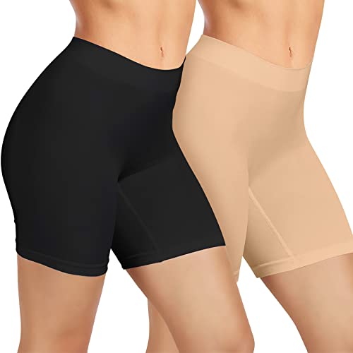 AURUZA Radlerhose Damen, Kurze Hose Damen Anti Scheuern Unterhosen Leggings Boxershorts Lange Sporthose Unterwäsche Unter Kleid Rock 2 Pack (L, Schwarz Beige) von AURUZA