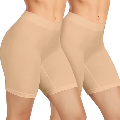 AURUZA Radlerhose Damen, Kurze Hose Damen Anti Scheuern Unterhosen Leggings Boxershorts Lange Sporthose Unterwäsche Unter Kleid Rock 2 Pack Beige L von AURUZA