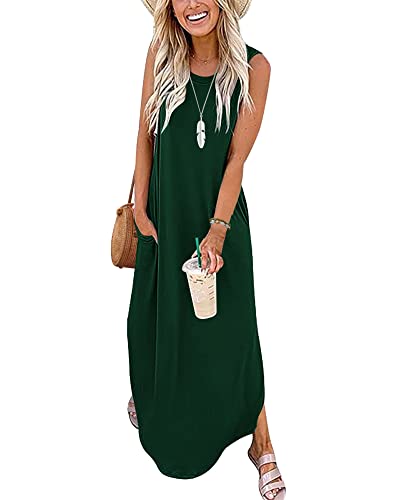 AUSELILY Ärmellose Sommer Maxikleider Damen Strandkleider Tank T-Shirt Kleid mit Taschen Dunkelgrün 2XL von AUSELILY