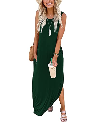 AUSELILY Ärmellose Sommer Maxikleider Damen Strandkleider Tank T-Shirt Kleid mit Taschen Dunkelgrün L von AUSELILY