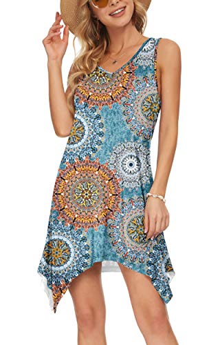 AUSELILY Damen Kleid Sommer Ärmellos Sommerkleid Casual Kurz Strandkleider V Ausschnitt Leichte Freizeitkleid Blumenkleider (Grün Drucken, L) von AUSELILY