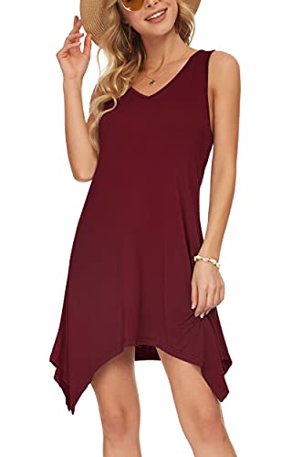 AUSELILY Damen Kleid Sommer Ärmellos Sommerkleid Kurz Strandkleider V Ausschnitt Leichte Freizeitkleid (Weinro, L) von AUSELILY