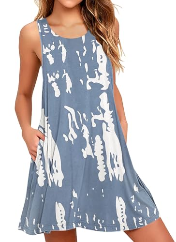 AUSELILY Boho Kleid Damen Kurz Urlaub Midi Ärmellos Swing Sommerkleid Mit Taschen Gekritzel,XL von AUSELILY