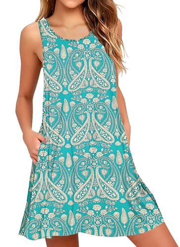 AUSELILY Boho Kleid Damen Kurz Urlaub Midi ärmellose Plissee Loose Swing Sommerkleid Knielang mit Taschen Boho Floral Grün 2XL von AUSELILY