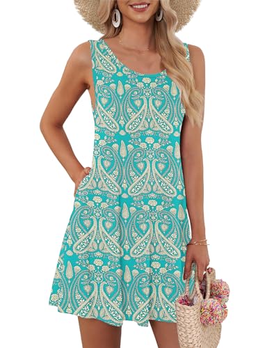 AUSELILY Boho Kleid Damen Kurz Urlaub Midi ärmellose Plissee Loose Swing Sommerkleid Knielang mit Taschen Boho Floral Grün L von AUSELILY