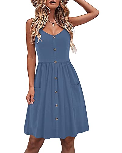 AUSELILY Kleider für Frauen ärmellos V-Ausschnitt Casual Sundress Loose Summer Spaghetti Strap Dress with Pockets Beja Blau L von AUSELILY