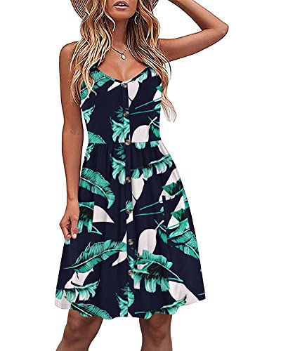 AUSELILY Kleider für Frauen Ärmelloses Kleid mit V-Ausschnitt Lässiges Sommerkleid Lockeres Sommerkleid mit Spaghettiträgern und Taschen Print Blau XL von AUSELILY