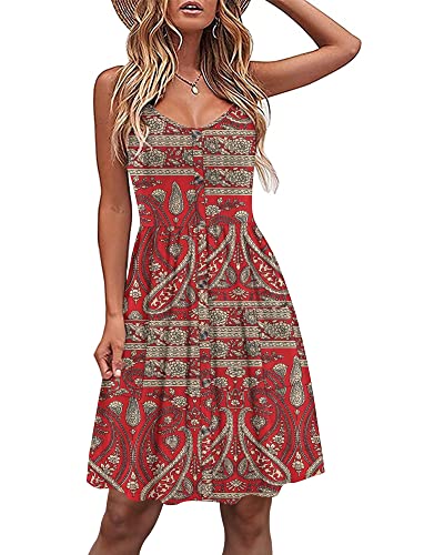 AUSELILY Kleider für Frauen Ärmelloses lässiges Sommerkleid mit V-Ausschnitt Lockeres Sommerkleid mit Spaghettiträgern und Taschen Boho Floral Red L von AUSELILY