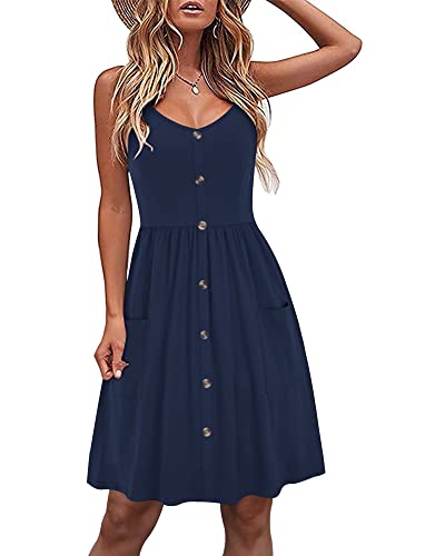 AUSELILY Kleider für Frauen Ärmelloses lässiges Sommerkleid mit V-Ausschnitt Lockeres Sommerkleid mit Spaghettiträgern und Taschen Marineblau XL von AUSELILY