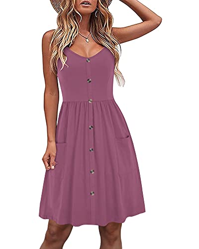 AUSELILY Damen Sommerkleider Mauve Casual Spaghetti Träger Kleid V-Ausschnitt Ärmellos Locker Knopf Sommerkleid mit Taschen XL von AUSELILY