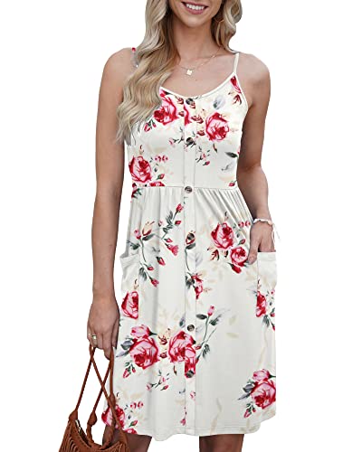 AUSELILY Sommerkleider für Frauen Ärmelloses Sommerkleid mit V-Ausschnitt Lockeres lässiges Spaghettiträgerkleid mit Taschen Rose Weiß L von AUSELILY