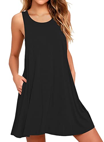 AUSELILY Damen Kleid Schwarz Sommer Rundhals Knielang Trägerkleid Kurz mit Taschen L von AUSELILY