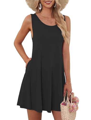 AUSELILY Damen Kleid Schwarz Sommer Rundhals Knielang Trägerkleid Kurz mit Taschen M von AUSELILY