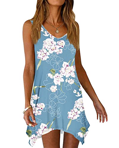 AUSELILY Damen Sommerkleid Ärmellos V-Ausschnitt Casual Kurz Strandkleid Leichte Kurze Freizeitkleid Blumenkleider Blumenkleider (Blumen Hellblau, S) von AUSELILY