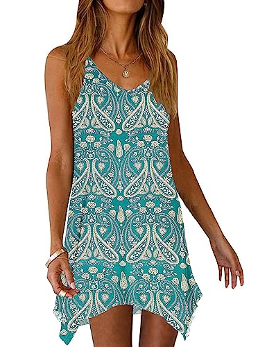 AUSELILY Damen Sommerkleid Ärmellos V-Ausschnitt Casual Kurz Strandkleid Leichte Kurze Freizeitkleid Blumenkleider (Boho Blumengrün, S) von AUSELILY