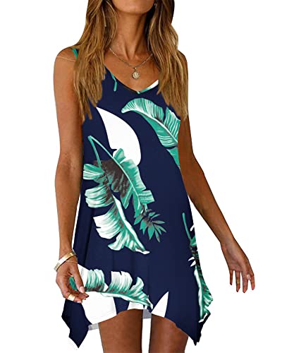 AUSELILY Damen Kleid Sommer Ärmellos Sommerkleid Kurz Strandkleider V Ausschnitt Leichte Freizeitkleid Blau drucken L von AUSELILY